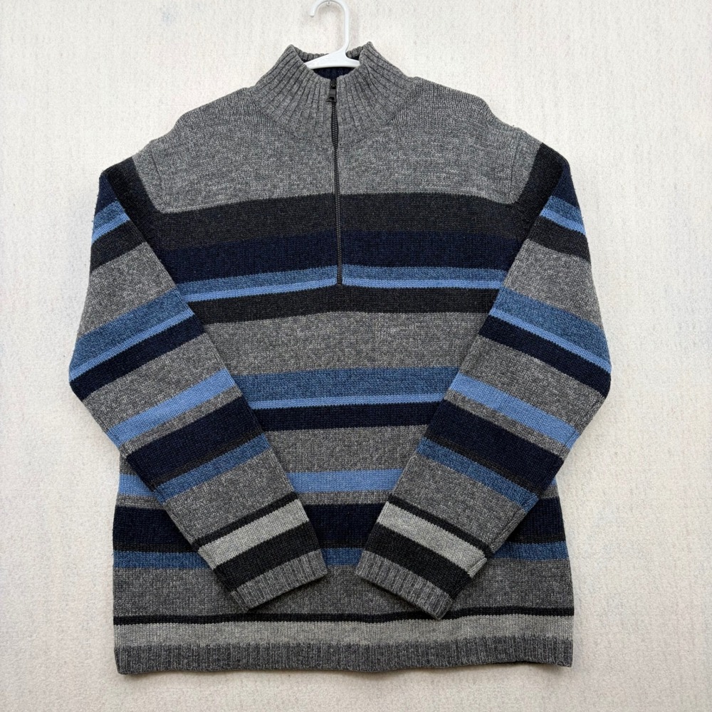 Banana Republic Mens 100% Wool Striped Quarter Zip Sweater Grey Blue Large